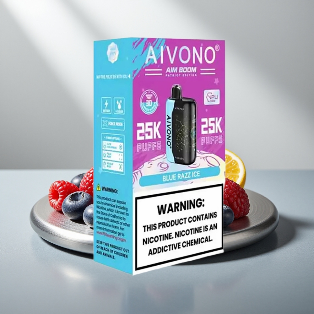Aivono AIM BOOM 25000 Puffs 28ml 650mAh 1.2Ω Type-C 90g טעם פטל כחול קרח