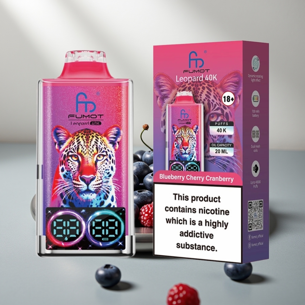 Fumot Leopard 40K Puffs 0-5% Nic 700mAh Dual Mesh Type-C Digital Display פטל דובדבן אוכמניות