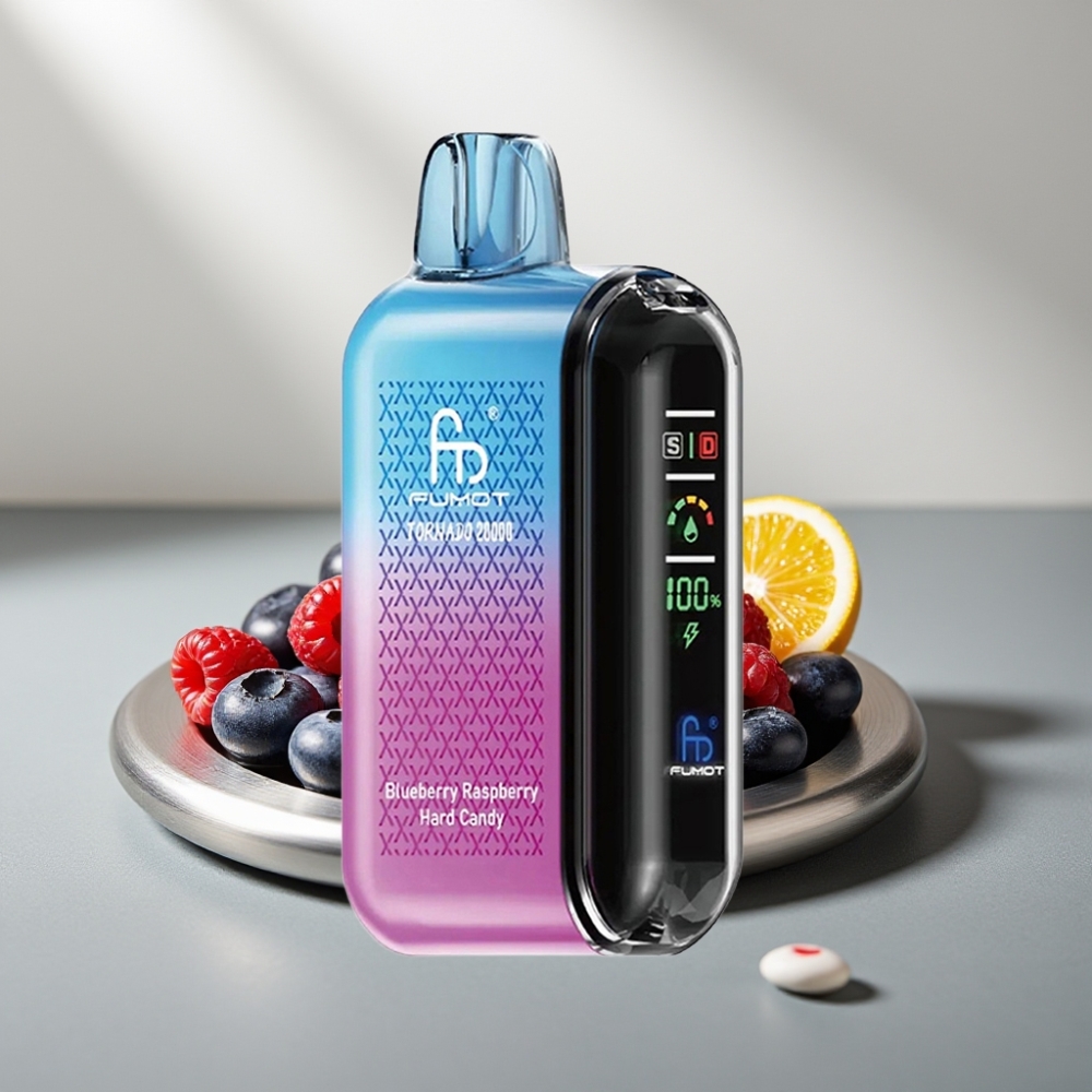 Fumot Tornado 20000 Puffs רשת כפולה 20 מ"ל 850mAh תצוגה חכמה זרימת אוויר 2% אוכמניות פטל סוכריות קשות