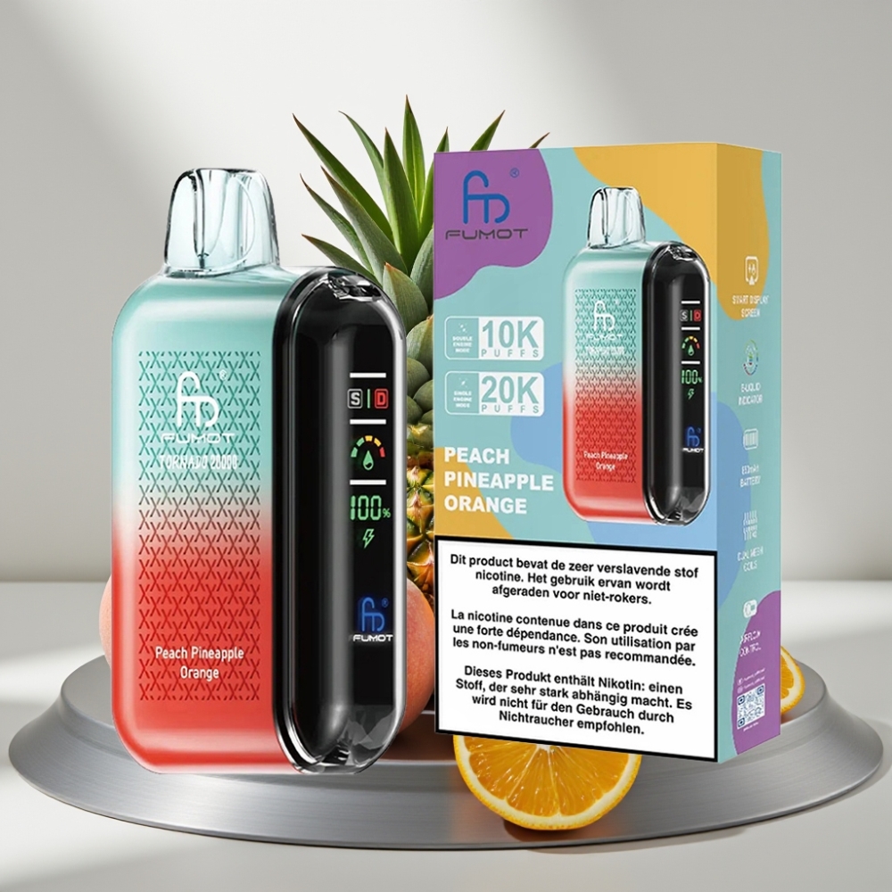 Fumot Tornado 20000 Puffs Dual Mesh 20ml 850mAh Smart Display Airflow 2% אפרסק אננס תפוז