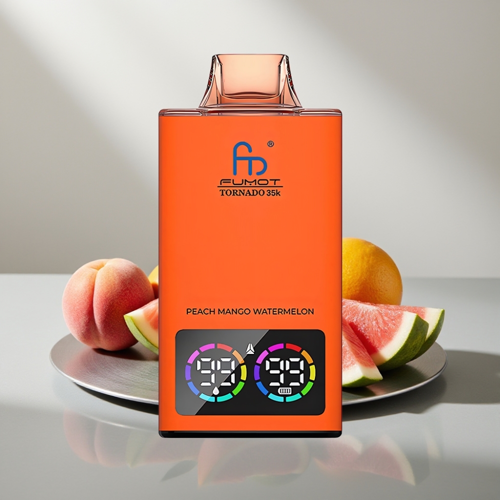 Fumot Tornado 35000 Disposable Vape אפרסק מנגו אבטיח סוללה 700MAH USB-C תאורת RGB סליל כפול