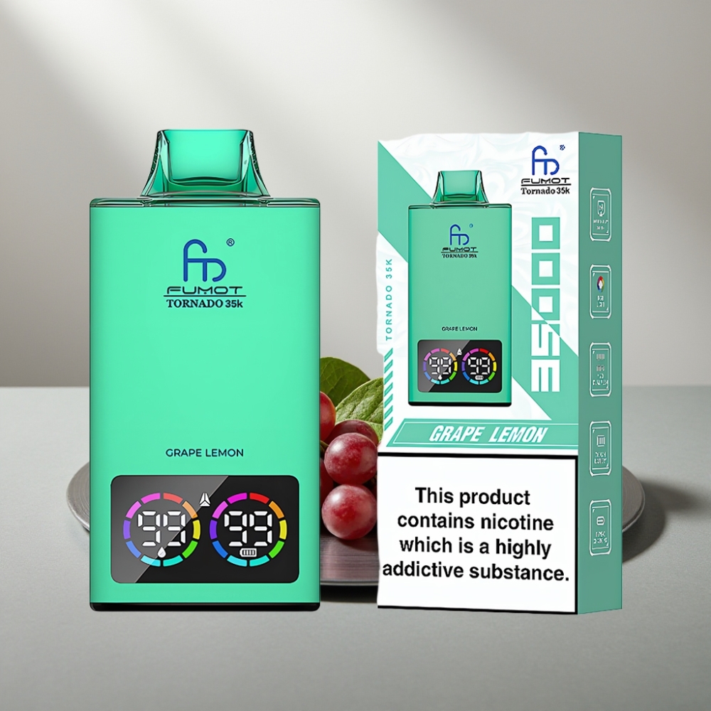 Fumot Tornado 35000 Disposable Vape ענבים לימון Dual Mesh Coil RGB Lights 15ml 700MAH USB-C