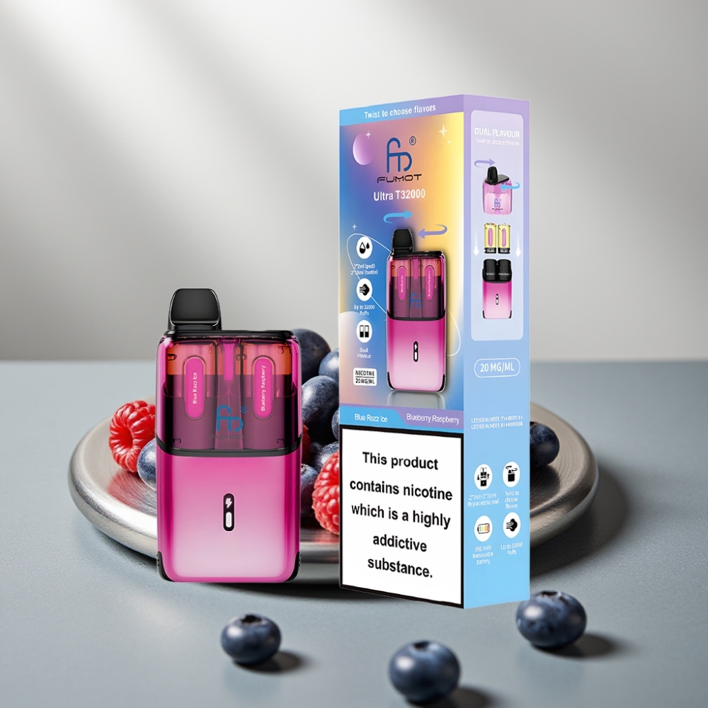 Fumot Ultra T32000 32000 פאפים סוללה 800mAh טעון Type-C 24ml ניקוטין 20mg טעם פטל כחול קרח