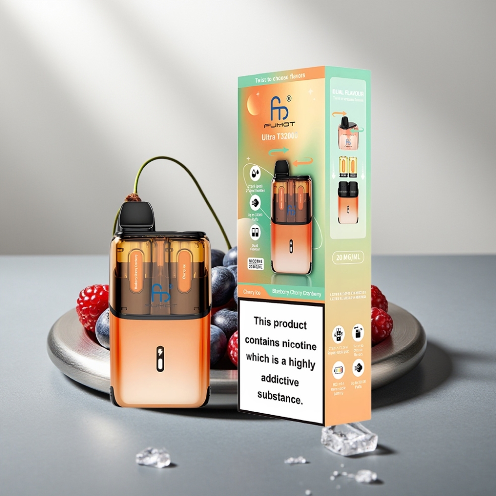 Fumot Ultra T32000 32000 פאפים סוללה 800mAh טעון Type-C 24ml ניקוטין 20mg טעם אוכמניות דובדבן חמוציות - דובדבן קר