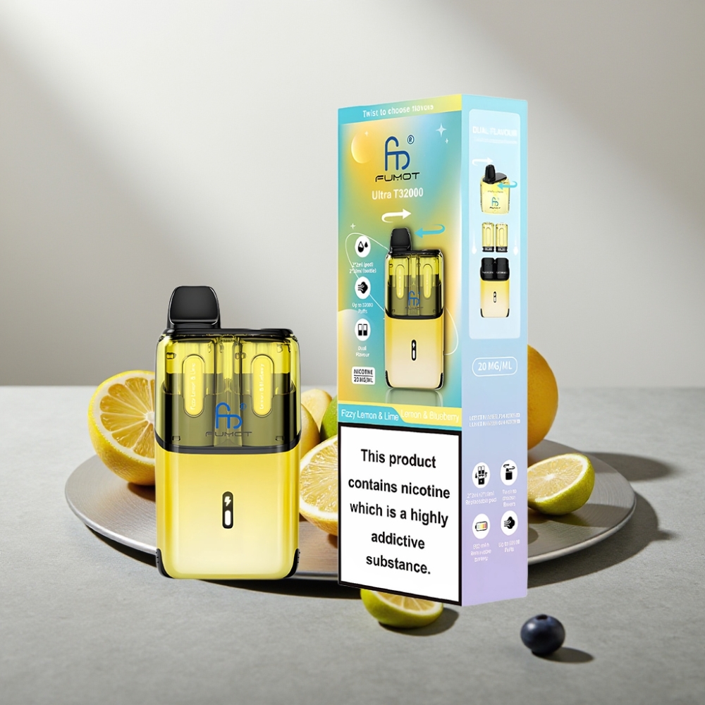Fumot Ultra T32000 32000 פאפים סוללה 800mAh טעון Type-C 24ml לימון תוסס & ליים - לימון & אוכמניות