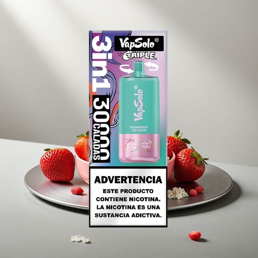 VapSolo Triple 30000 Puffs 40ml 20/50mg תות גלידה Type-C 3 טנקים