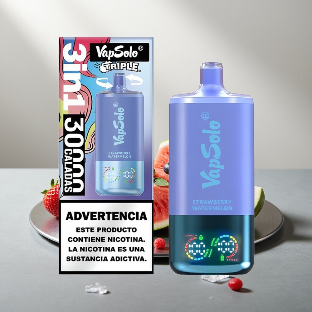 VapSolo Triple 30000 Puffs 40ml 3-Tank Type-C תות אבטיח & אוכמניות קרח