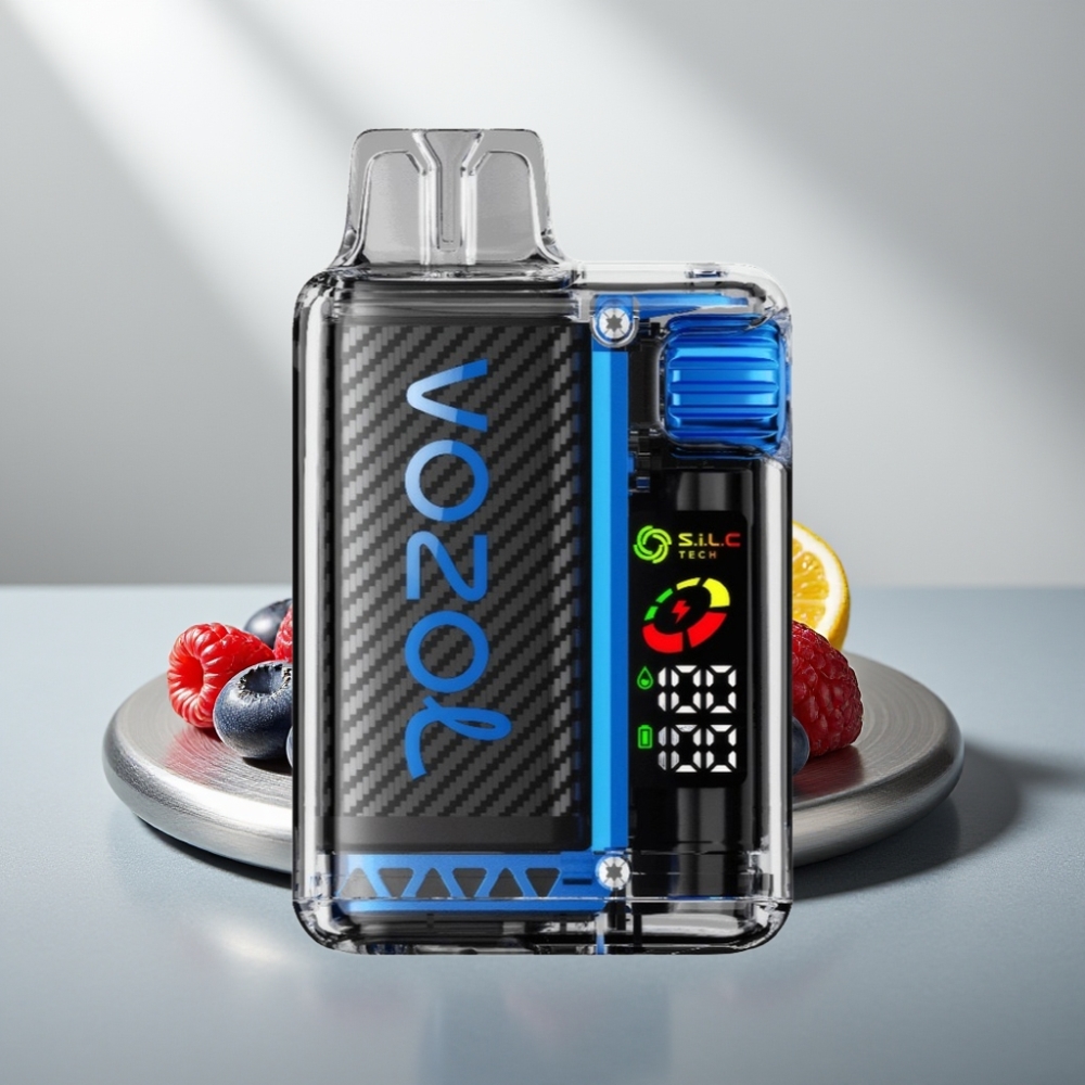 VOZOL Vista 20000 Puffs Disposable Vape בטעם Blue Razz Ice סוללה נטענת 650mAh OLED MCU Chip S.i.L.C Tech Dual Mesh Coil 65% PCR
